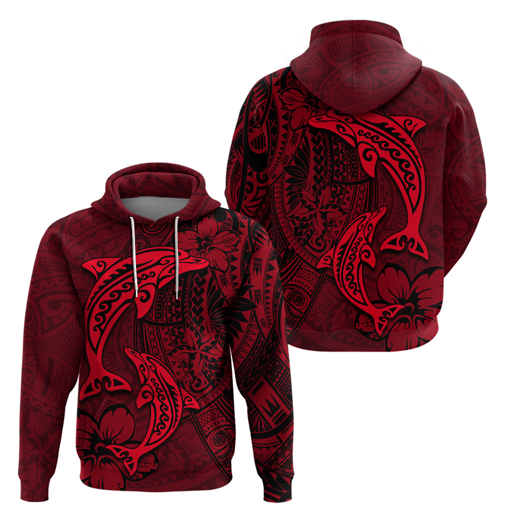 Polynesian Dolphin Valentine Day Zip Hoodie Hibiscus and Tribal Tattoo Red Style LT03 - Polynesian Pride