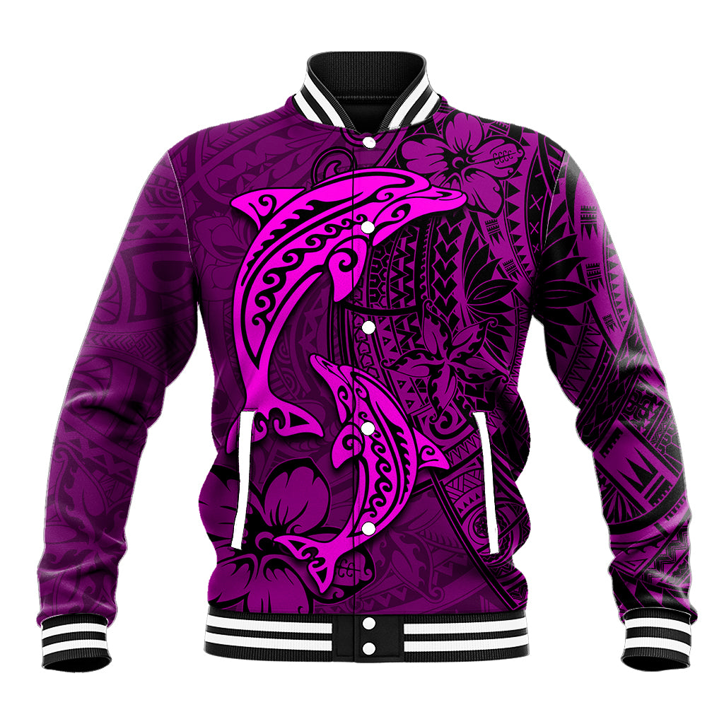 Polynesian Dolphin Valentine Day Baseball Jacket Hibiscus and Tribal Tattoo Pink Style LT03 Unisex Pink - Polynesian Pride