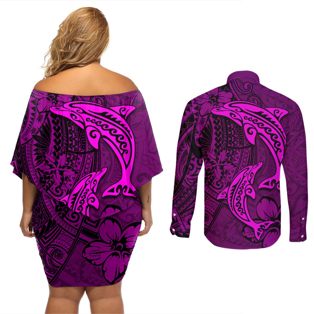 Polynesian Dolphin Valentine Day Couples Matching Off Shoulder Short Dress and Long Sleeve Button Shirt Hibiscus and Tribal Tattoo Pink Style LT03 - Polynesian Pride