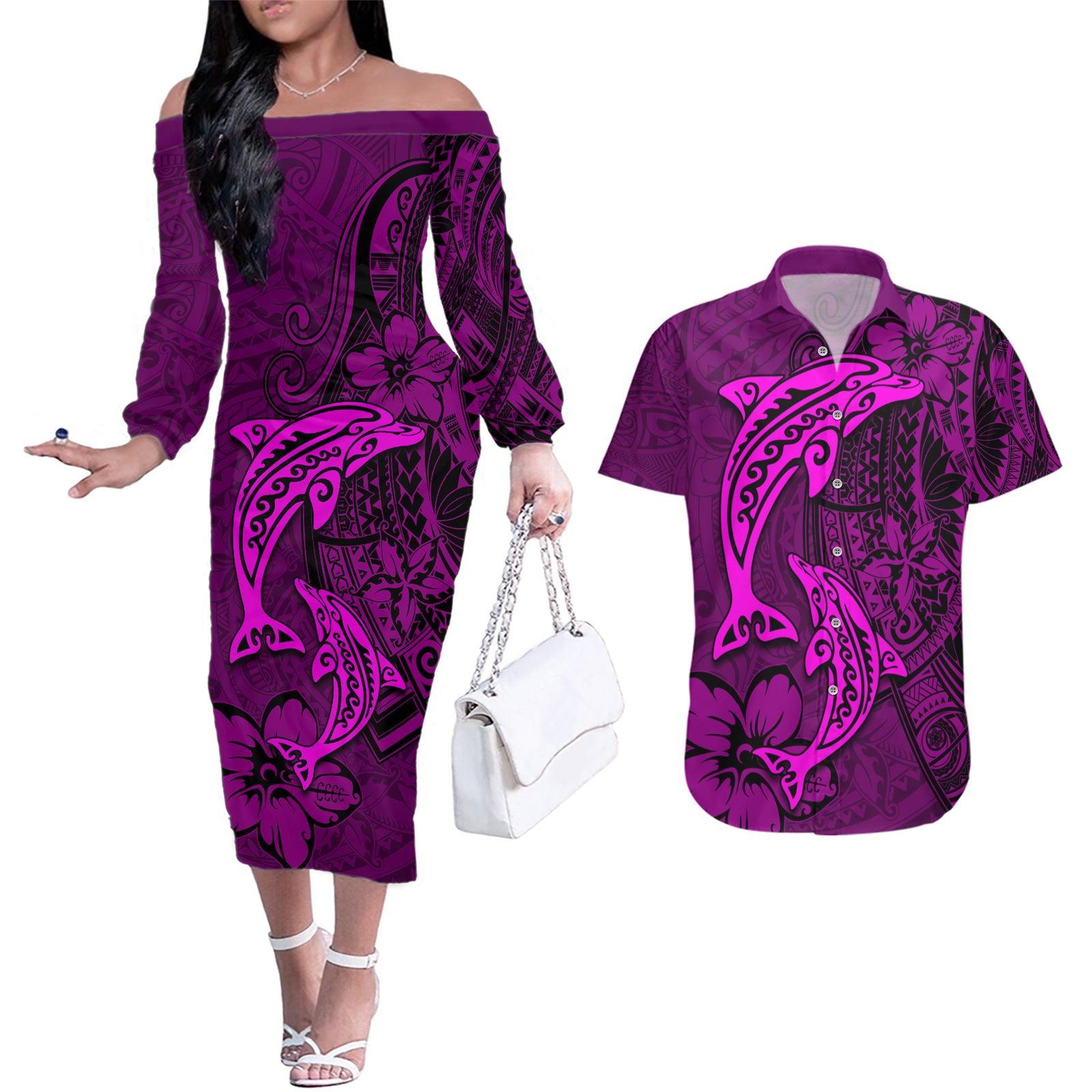 Polynesian Dolphin Valentine Day Couples Matching Off The Shoulder Long Sleeve Dress and Hawaiian Shirt Hibiscus and Tribal Tattoo Pink Style LT03 Pink - Polynesian Pride