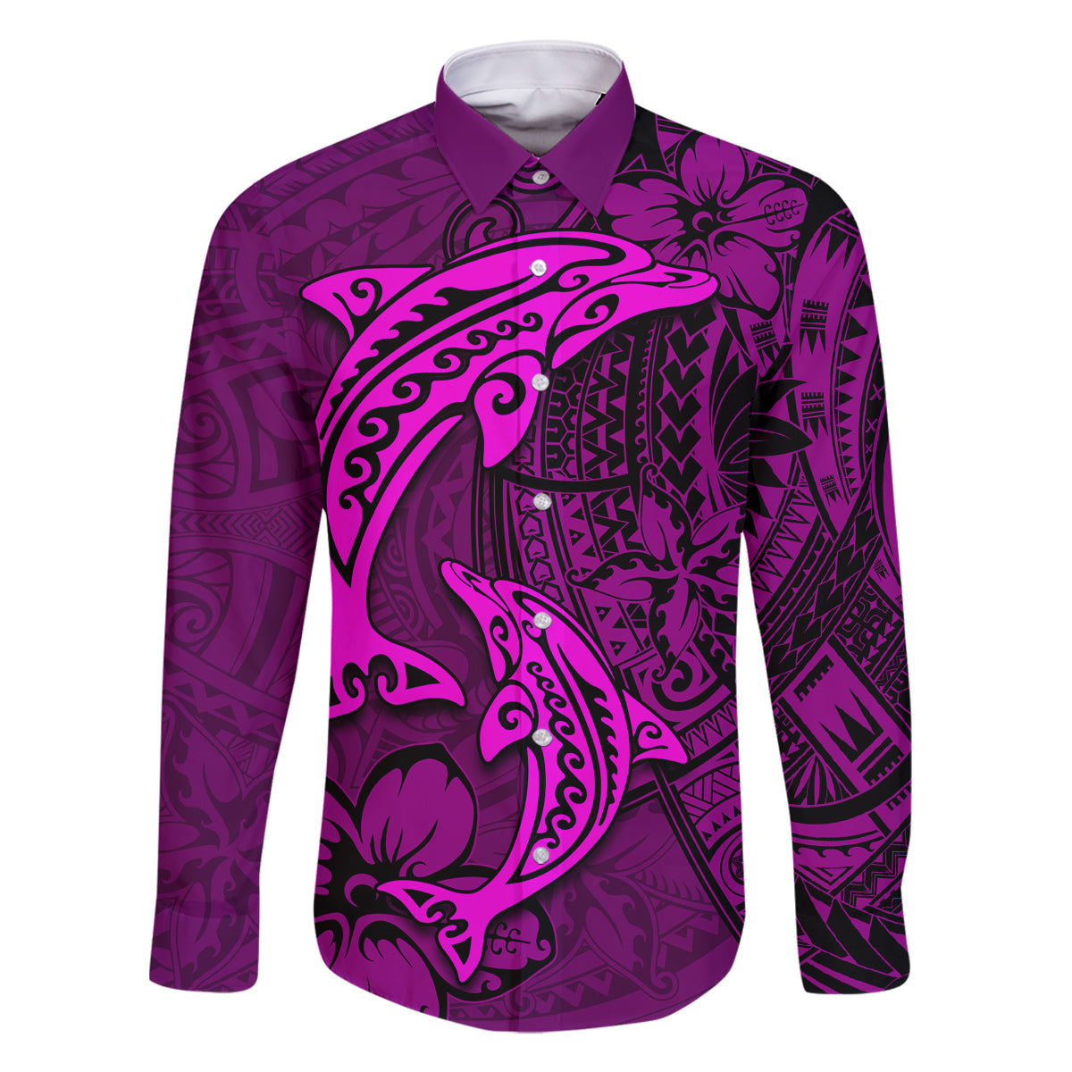 Polynesian Dolphin Valentine Day Family Matching Long Sleeve Bodycon Dress and Hawaiian Shirt Hibiscus and Tribal Tattoo Pink Style LT03 Dad's Shirt - Long Sleeve Pink - Polynesian Pride