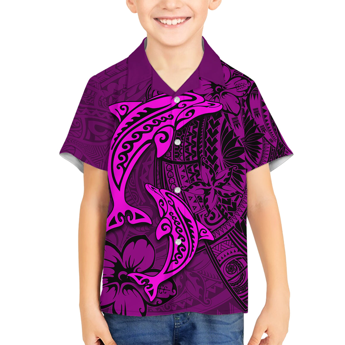 Polynesian Dolphin Valentine Day Family Matching Off Shoulder Long Sleeve Dress and Hawaiian Shirt Hibiscus and Tribal Tattoo Pink Style LT03 Son's Shirt Pink - Polynesian Pride