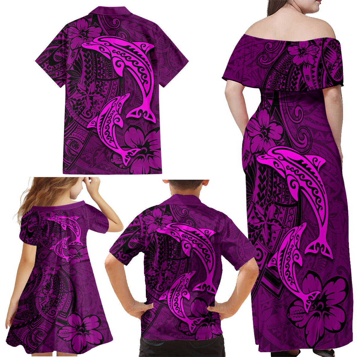 Polynesian Dolphin Valentine Day Family Matching Off Shoulder Maxi Dress and Hawaiian Shirt Hibiscus and Tribal Tattoo Pink Style LT03 - Polynesian Pride