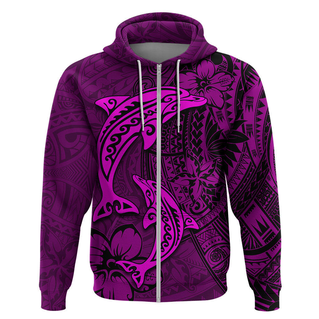 Polynesian Dolphin Valentine Day Hoodie Hibiscus and Tribal Tattoo Pink Style LT03 Zip Hoodie Pink - Polynesian Pride