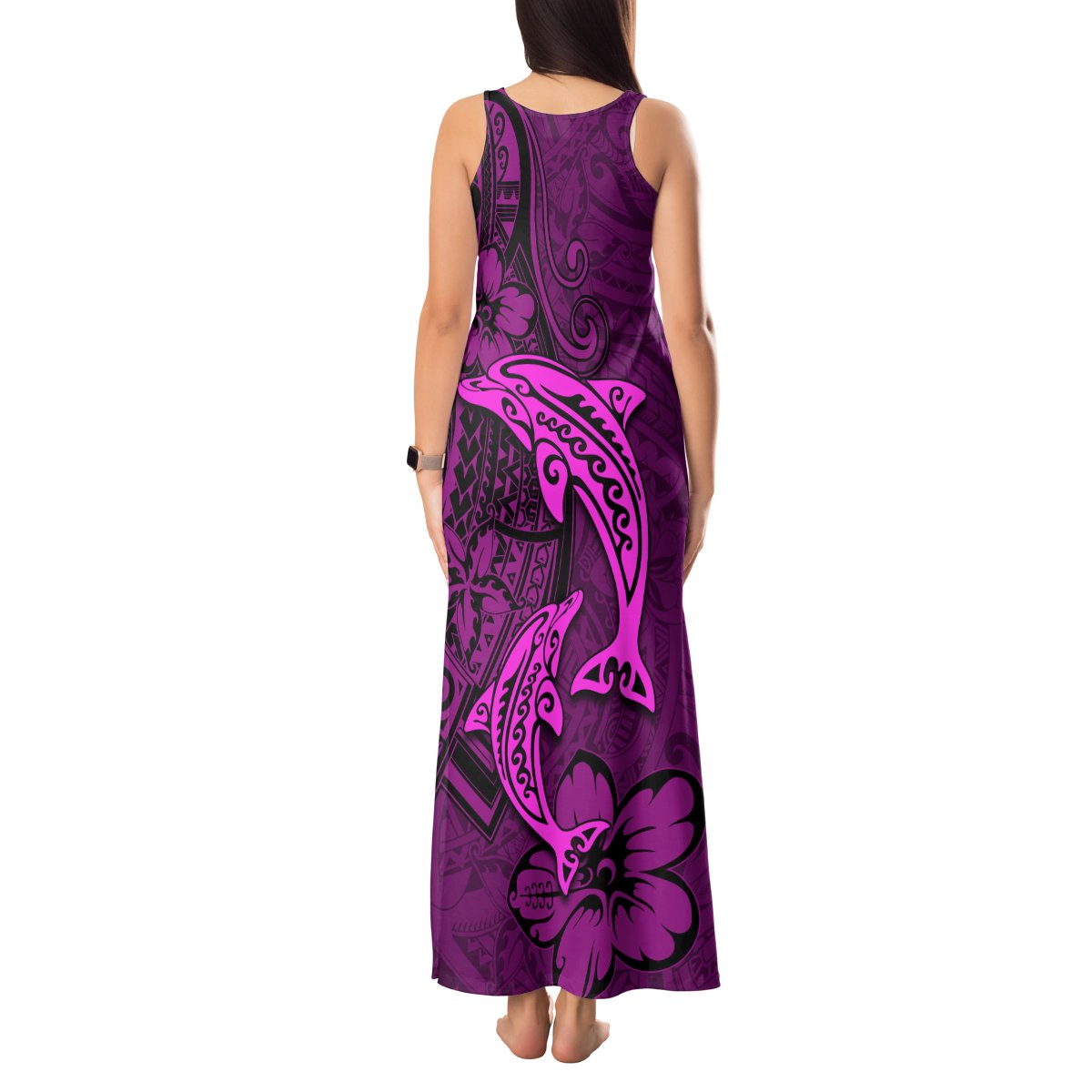 Polynesian Dolphin Valentine Day Tank Maxi Dress Hibiscus and Tribal Tattoo Pink Style LT03 - Polynesian Pride