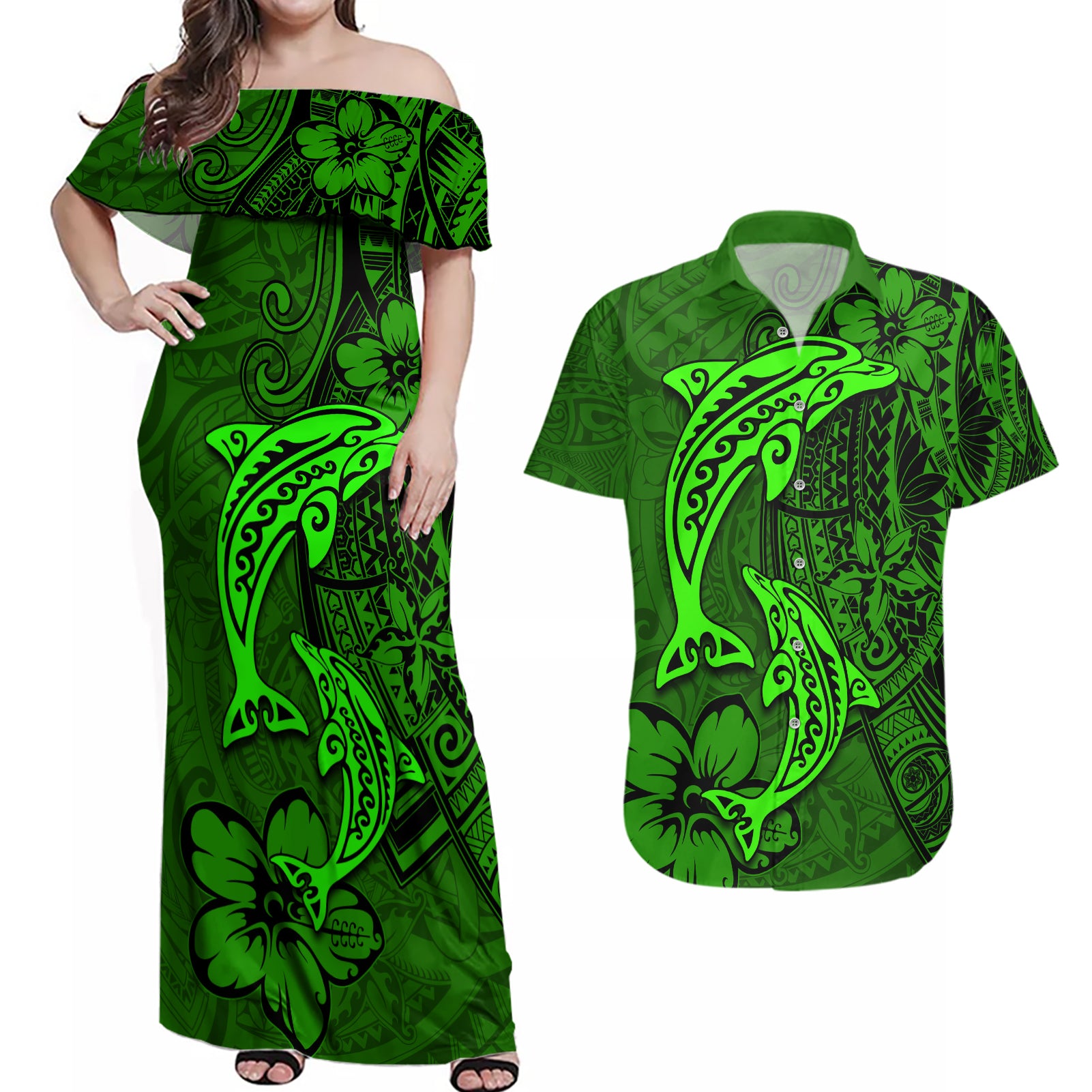 Polynesian Dolphin Valentine Day Couples Matching Off Shoulder Maxi Dress and Hawaiian Shirt Hibiscus and Tribal Tattoo Green Style LT03 Green - Polynesian Pride