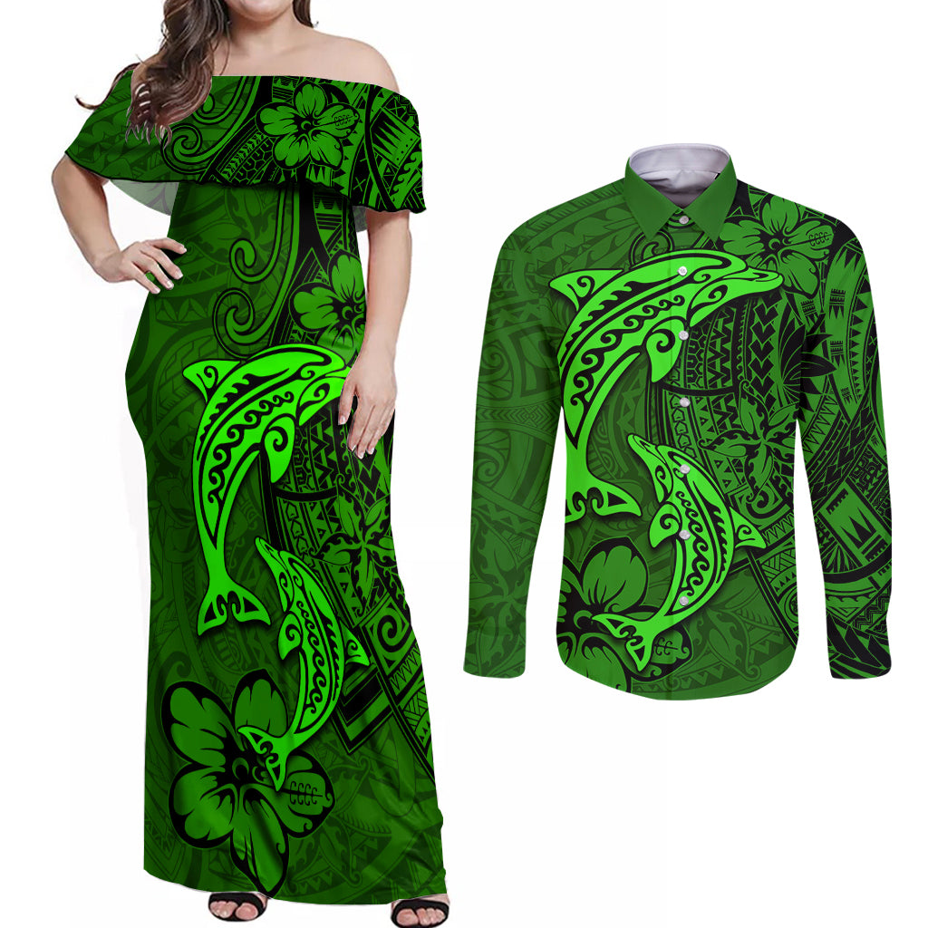 Polynesian Dolphin Valentine Day Couples Matching Off Shoulder Maxi Dress and Long Sleeve Button Shirt Hibiscus and Tribal Tattoo Green Style LT03 Green - Polynesian Pride