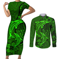 Polynesian Dolphin Valentine Day Couples Matching Short Sleeve Bodycon Dress and Long Sleeve Button Shirt Hibiscus and Tribal Tattoo Green Style LT03 Green - Polynesian Pride