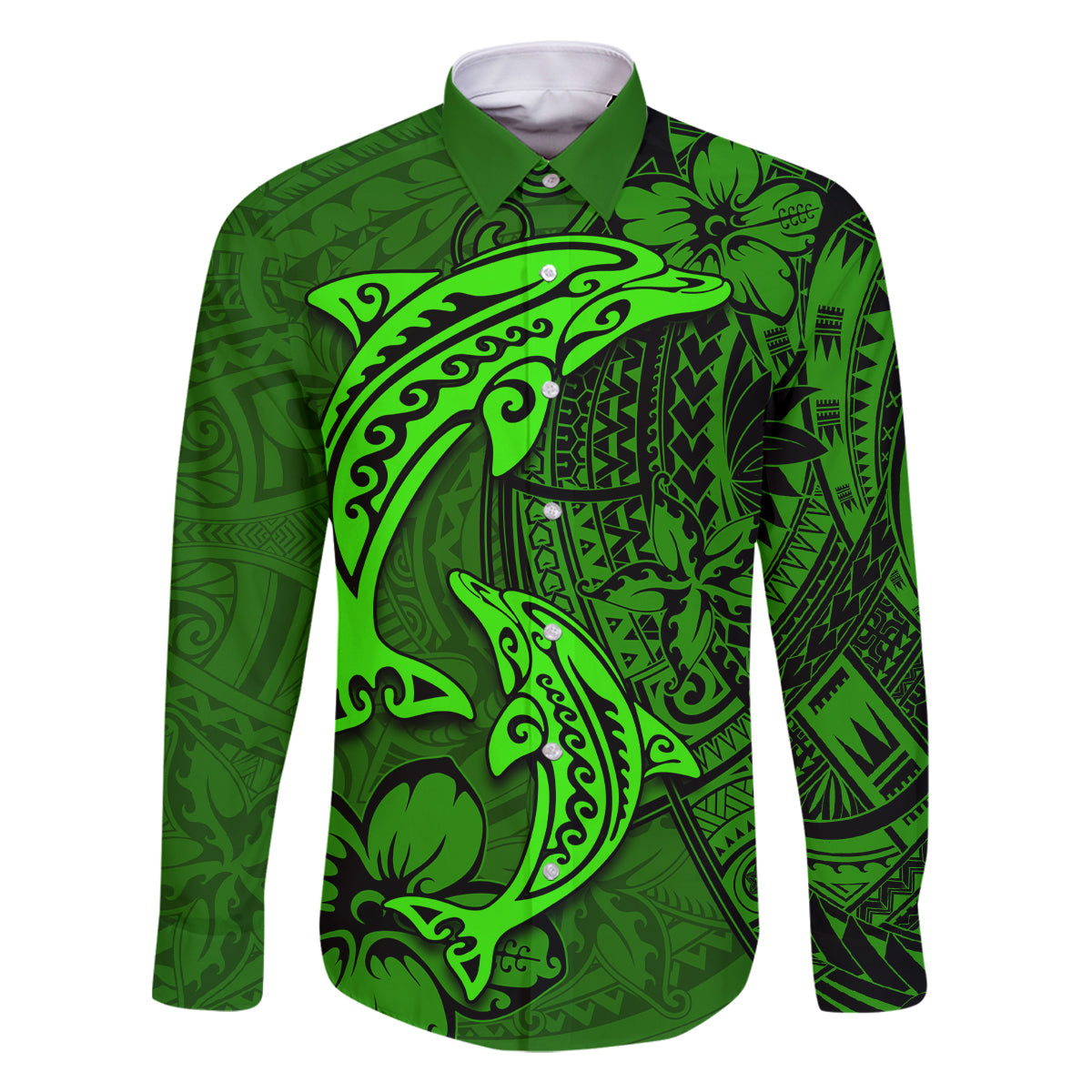Polynesian Dolphin Valentine Day Family Matching Mermaid Dress and Hawaiian Shirt Hibiscus and Tribal Tattoo Green Style LT03 Dad's Shirt - Long Sleeve Green - Polynesian Pride
