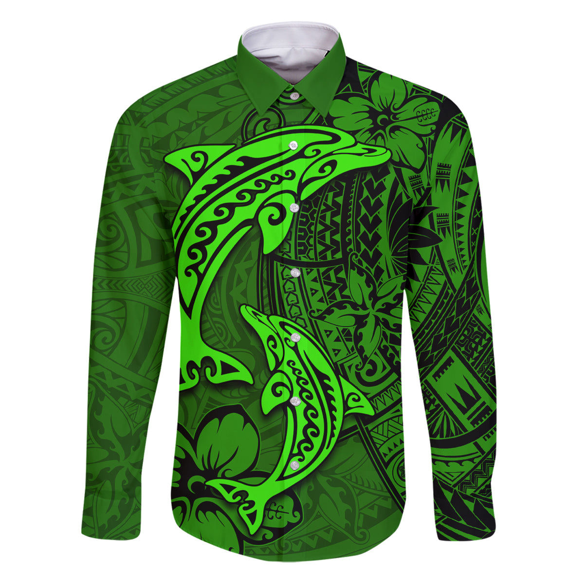Polynesian Dolphin Valentine Day Family Matching Puletasi and Hawaiian Shirt Hibiscus and Tribal Tattoo Green Style LT03 Dad's Shirt - Long Sleeve Green - Polynesian Pride