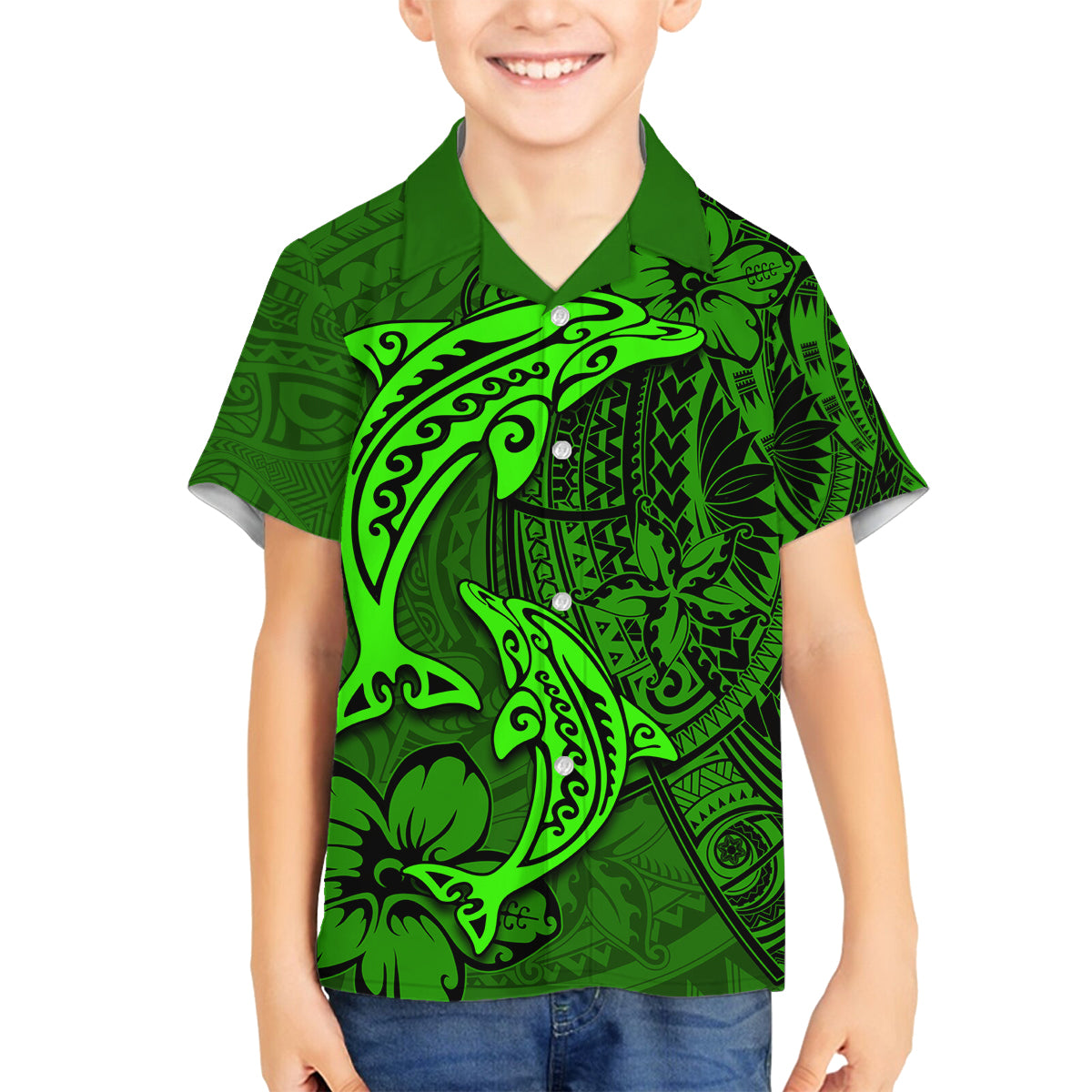 Polynesian Dolphin Valentine Day Family Matching Puletasi and Hawaiian Shirt Hibiscus and Tribal Tattoo Green Style LT03 Son's Shirt Green - Polynesian Pride