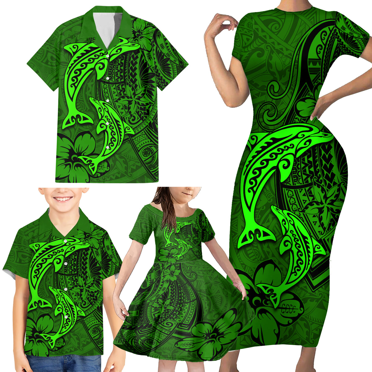 Polynesian Dolphin Valentine Day Family Matching Short Sleeve Bodycon Dress and Hawaiian Shirt Hibiscus and Tribal Tattoo Green Style LT03 - Polynesian Pride