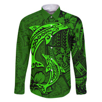 Polynesian Dolphin Valentine Day Family Matching Short Sleeve Bodycon Dress and Hawaiian Shirt Hibiscus and Tribal Tattoo Green Style LT03 Dad's Shirt - Long Sleeve Green - Polynesian Pride