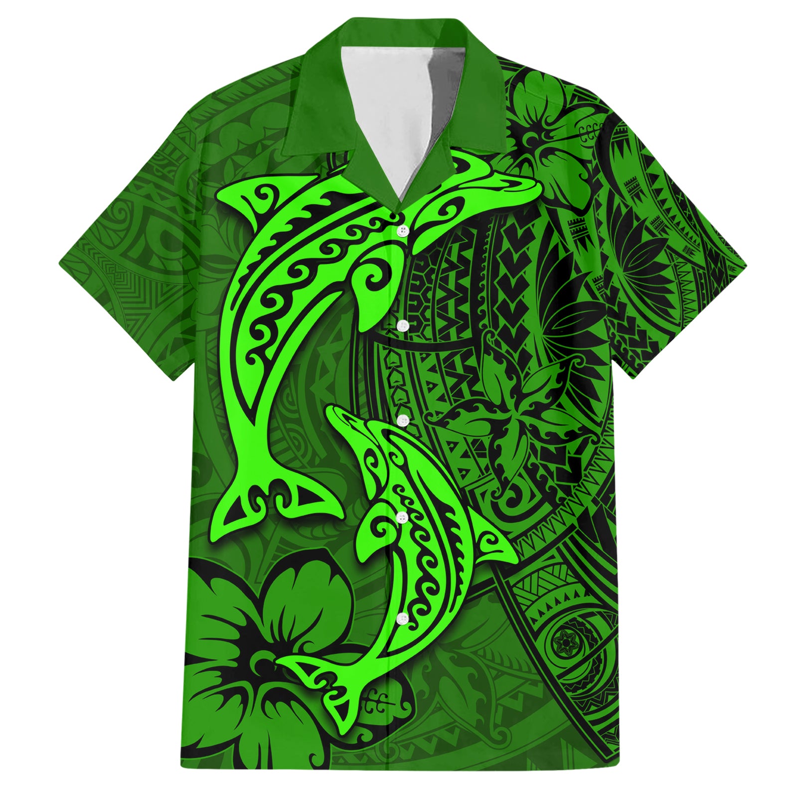 Polynesian Dolphin Valentine Day Hawaiian Shirt Hibiscus and Tribal Tattoo Green Style LT03 Green - Polynesian Pride