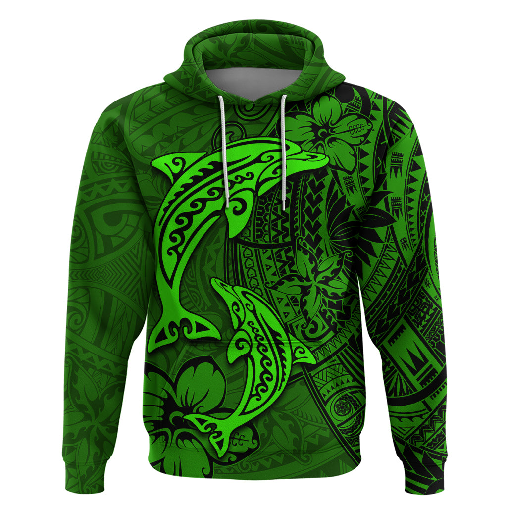 Polynesian Dolphin Valentine Day Hoodie Hibiscus and Tribal Tattoo Green Style LT03 Pullover Hoodie Green - Polynesian Pride