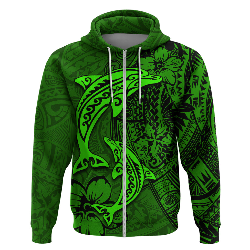 Polynesian Dolphin Valentine Day Hoodie Hibiscus and Tribal Tattoo Green Style LT03 Zip Hoodie Green - Polynesian Pride