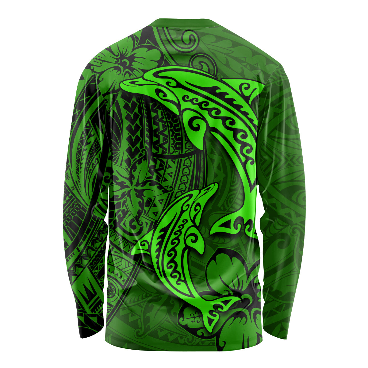 Polynesian Dolphin Valentine Day Long Sleeve Shirt Hibiscus and Tribal Tattoo Green Style LT03 - Polynesian Pride