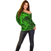 Polynesian Dolphin Valentine Day Off Shoulder Sweater Hibiscus and Tribal Tattoo Green Style LT03 - Polynesian Pride