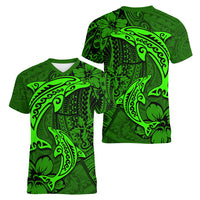 Polynesian Dolphin Valentine Day Women V Neck T Shirt Hibiscus and Tribal Tattoo Green Style LT03 - Polynesian Pride
