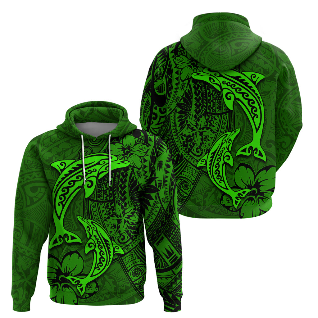 Polynesian Dolphin Valentine Day Zip Hoodie Hibiscus and Tribal Tattoo Green Style LT03 - Polynesian Pride