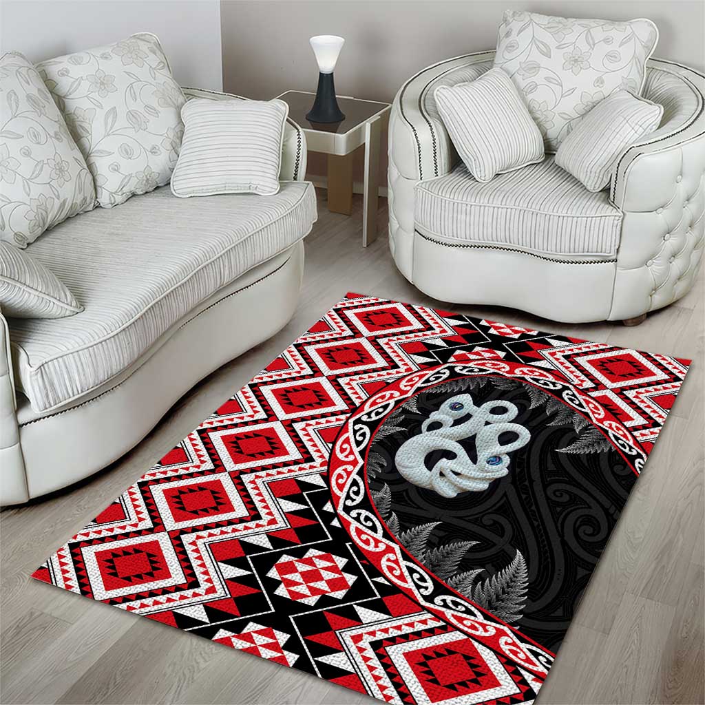 Red Taniko Motif Aotearoa Manaia and Silver Fern Area Rug