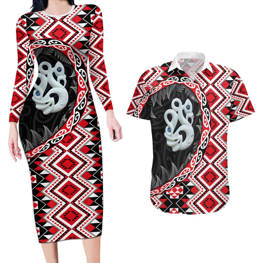 Red Taniko Motif Aotearoa Manaia and Silver Fern Couples Matching Long Sleeve Bodycon Dress and Hawaiian Shirt