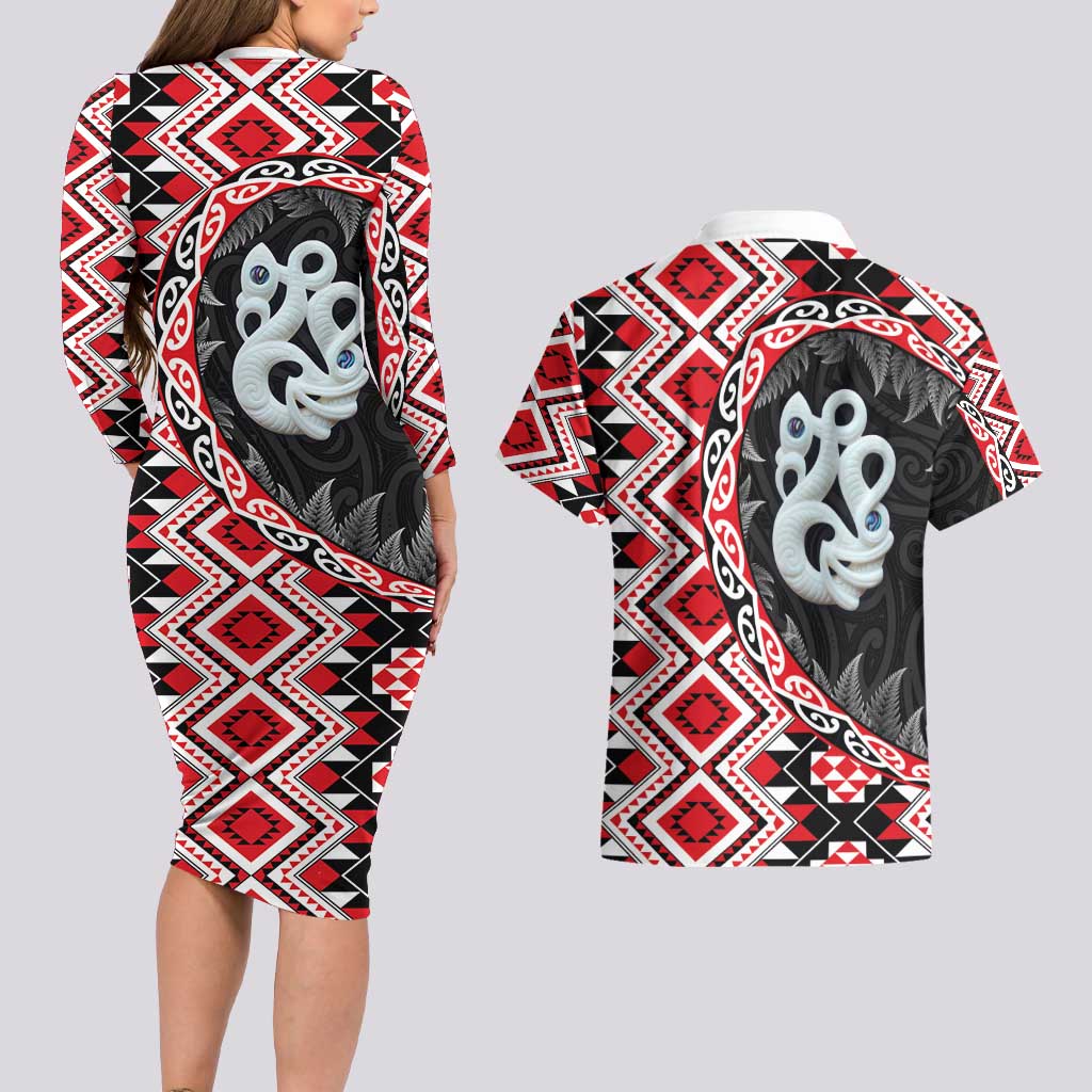 Red Taniko Motif Aotearoa Manaia and Silver Fern Couples Matching Long Sleeve Bodycon Dress and Hawaiian Shirt