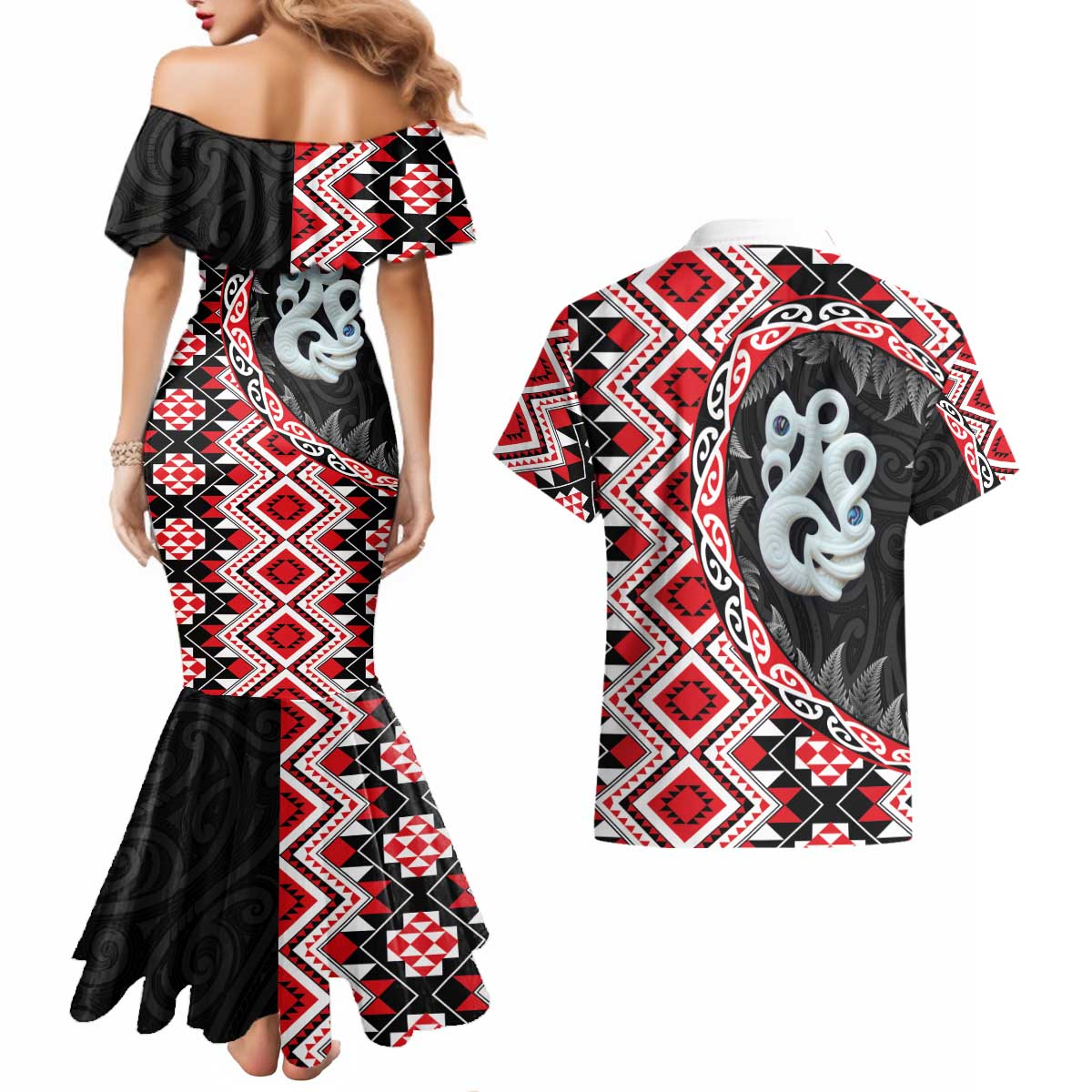 Red Taniko Motif Aotearoa Manaia and Silver Fern Couples Matching Mermaid Dress and Hawaiian Shirt