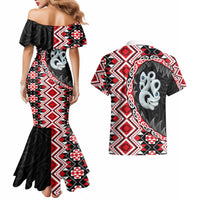 Red Taniko Motif Aotearoa Manaia and Silver Fern Couples Matching Mermaid Dress and Hawaiian Shirt