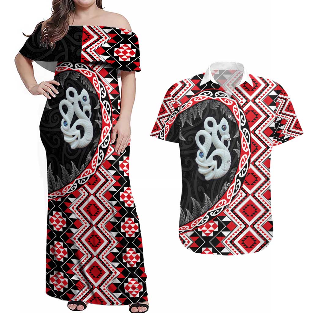 Red Taniko Motif Aotearoa Manaia and Silver Fern Couples Matching Off Shoulder Maxi Dress and Hawaiian Shirt