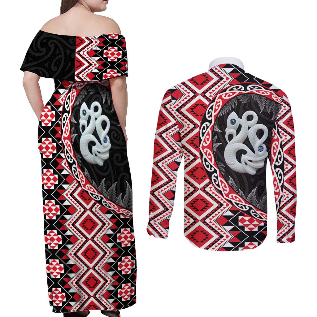 Red Taniko Motif Aotearoa Manaia and Silver Fern Couples Matching Off Shoulder Maxi Dress and Long Sleeve Button Shirt
