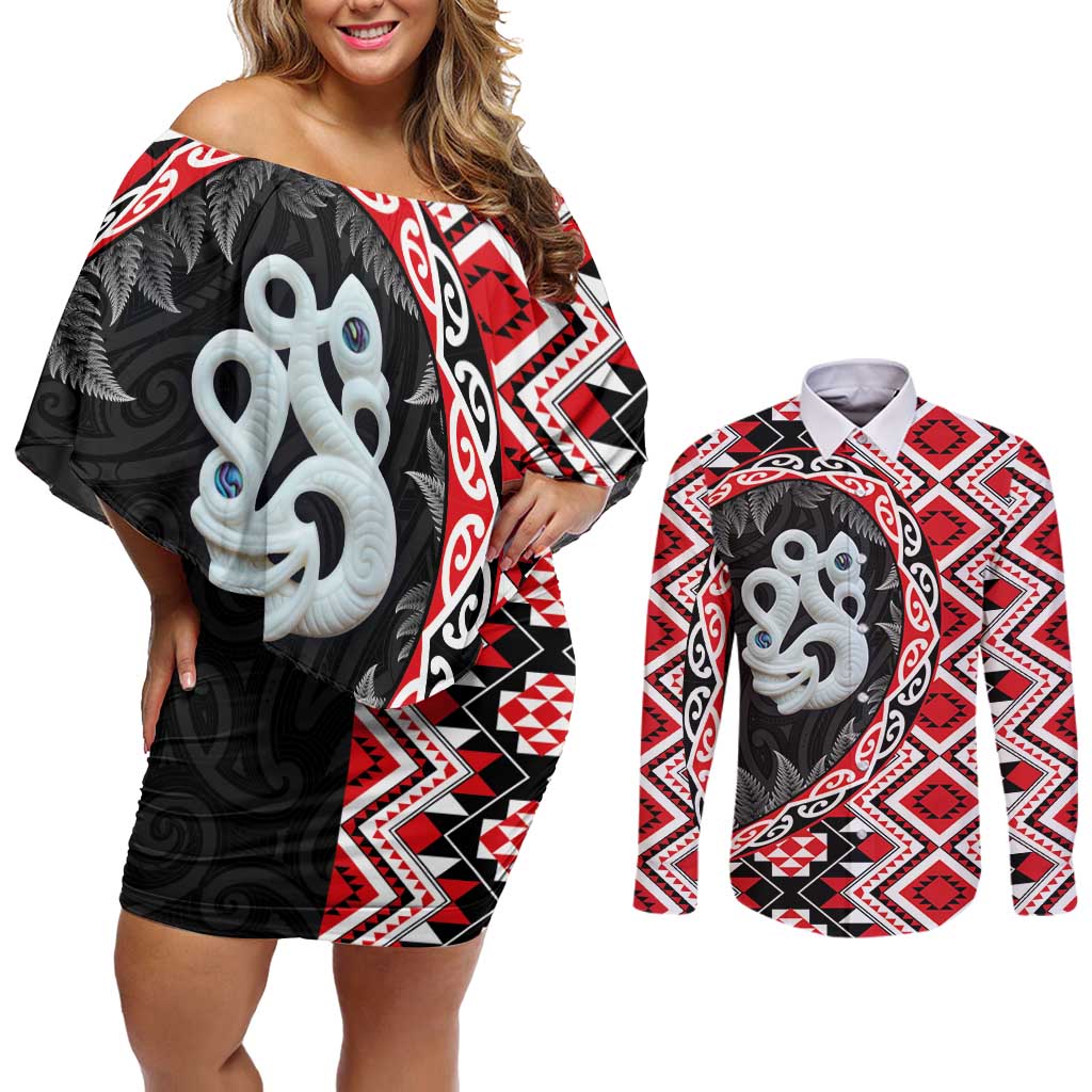 Red Taniko Motif Aotearoa Manaia and Silver Fern Couples Matching Off Shoulder Short Dress and Long Sleeve Button Shirt