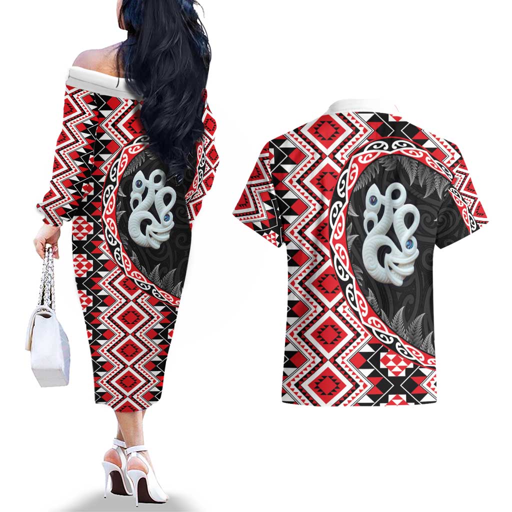 Red Taniko Motif Aotearoa Manaia and Silver Fern Couples Matching Off The Shoulder Long Sleeve Dress and Hawaiian Shirt