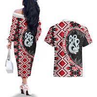 Red Taniko Motif Aotearoa Manaia and Silver Fern Couples Matching Off The Shoulder Long Sleeve Dress and Hawaiian Shirt