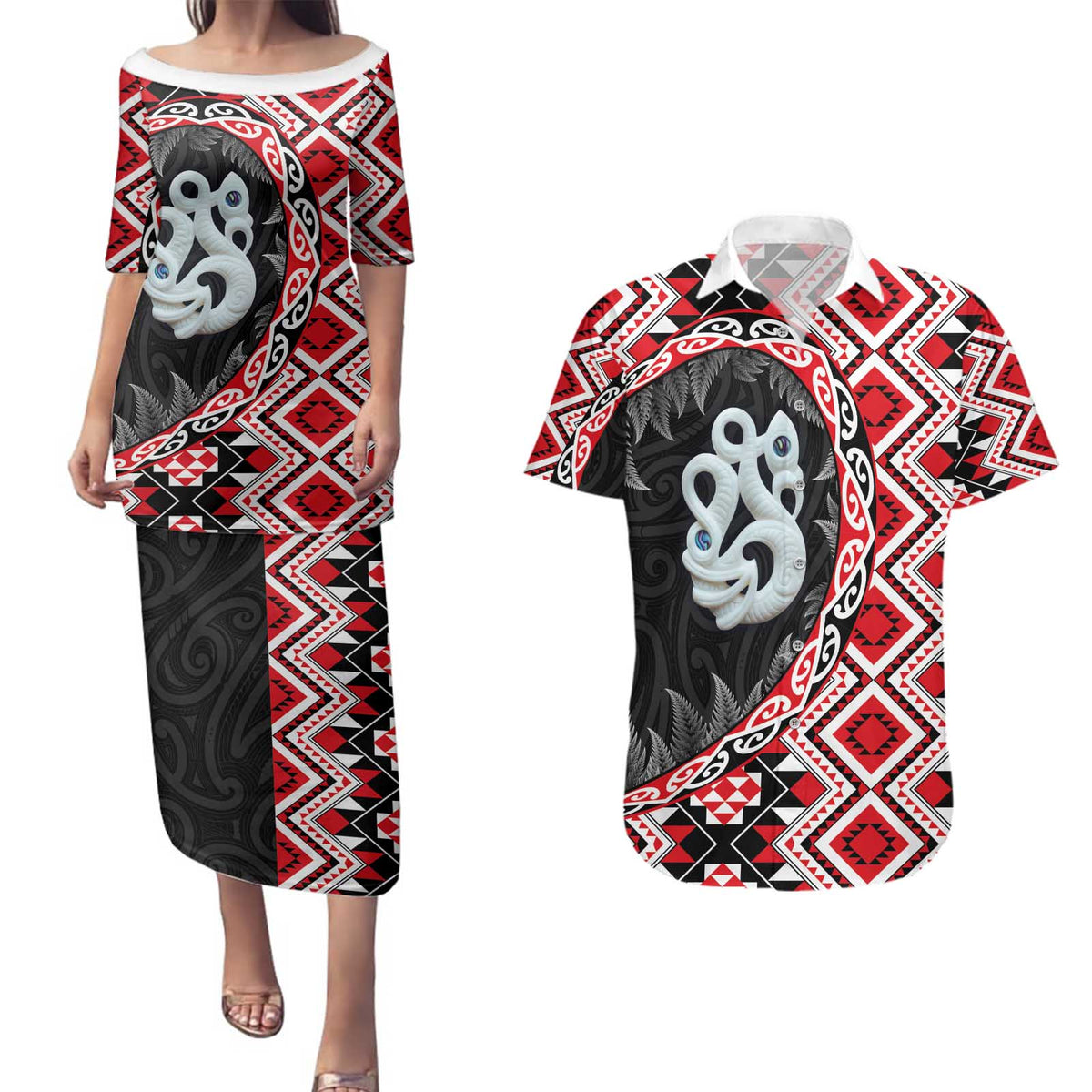 Red Taniko Motif Aotearoa Manaia and Silver Fern Couples Matching Puletasi and Hawaiian Shirt