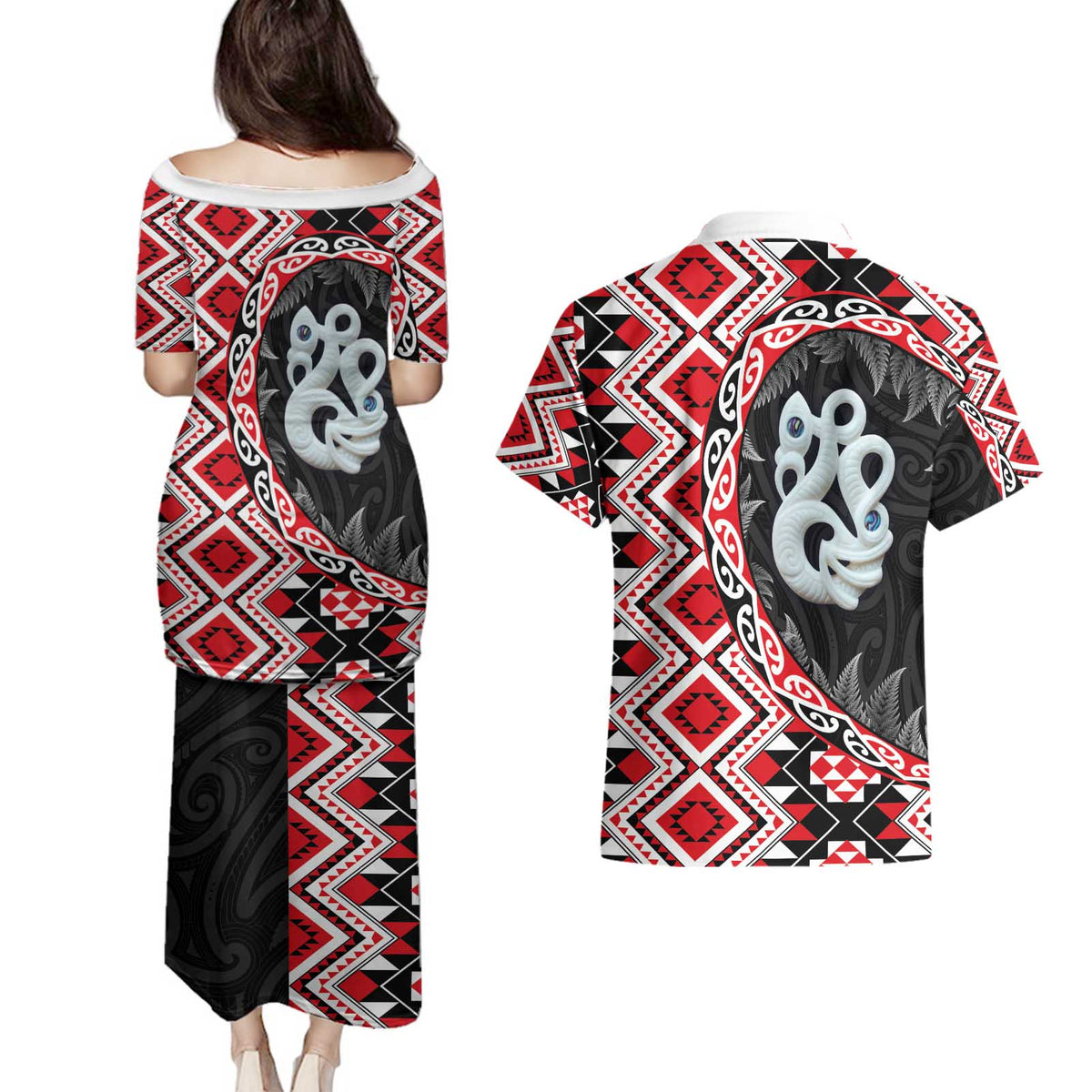 Red Taniko Motif Aotearoa Manaia and Silver Fern Couples Matching Puletasi and Hawaiian Shirt
