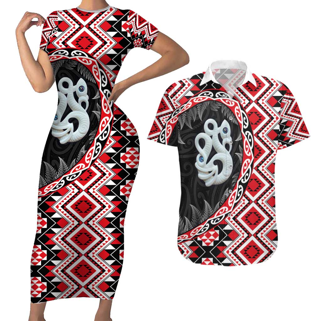 Red Taniko Motif Aotearoa Manaia and Silver Fern Couples Matching Short Sleeve Bodycon Dress and Hawaiian Shirt