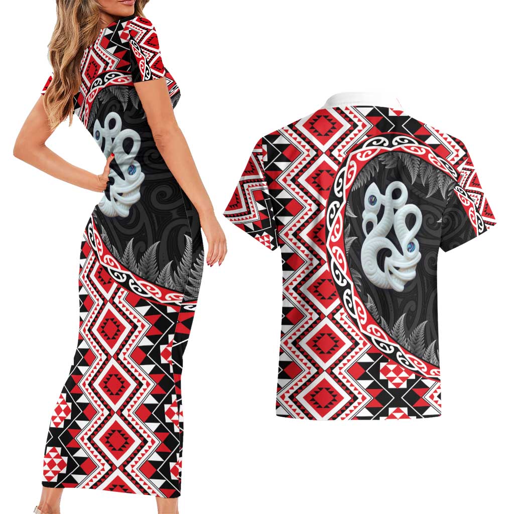 Red Taniko Motif Aotearoa Manaia and Silver Fern Couples Matching Short Sleeve Bodycon Dress and Hawaiian Shirt