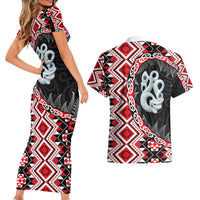Red Taniko Motif Aotearoa Manaia and Silver Fern Couples Matching Short Sleeve Bodycon Dress and Hawaiian Shirt