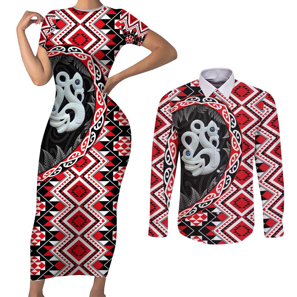 Red Taniko Motif Aotearoa Manaia and Silver Fern Couples Matching Short Sleeve Bodycon Dress and Long Sleeve Button Shirt