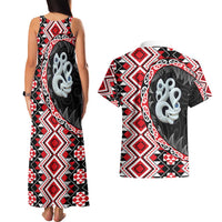 Red Taniko Motif Aotearoa Manaia and Silver Fern Couples Matching Tank Maxi Dress and Hawaiian Shirt