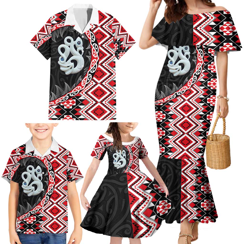 Red Taniko Motif Aotearoa Manaia and Silver Fern Family Matching Mermaid Dress and Hawaiian Shirt