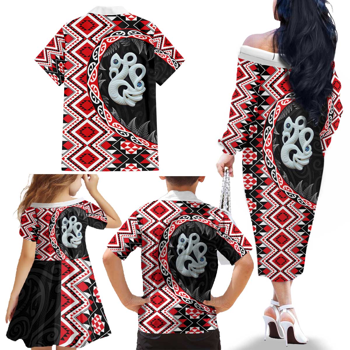 Red Taniko Motif Aotearoa Manaia and Silver Fern Family Matching Off The Shoulder Long Sleeve Dress and Hawaiian Shirt
