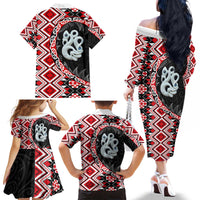Red Taniko Motif Aotearoa Manaia and Silver Fern Family Matching Off The Shoulder Long Sleeve Dress and Hawaiian Shirt