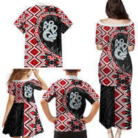 Red Taniko Motif Aotearoa Manaia and Silver Fern Family Matching Puletasi and Hawaiian Shirt