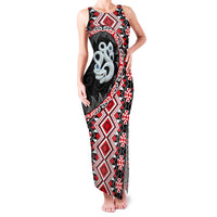 Red Taniko Motif Aotearoa Manaia and Silver Fern Family Matching Tank Maxi Dress and Hawaiian Shirt