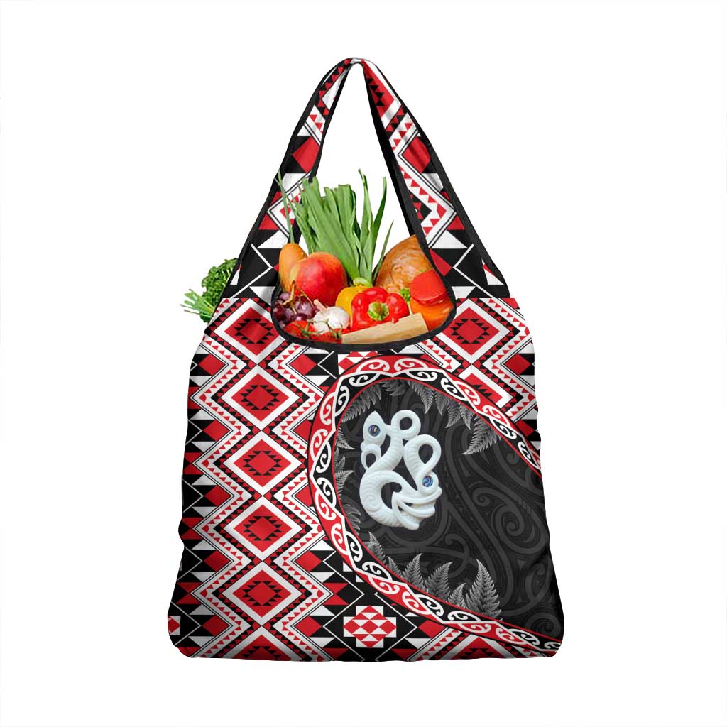 Red Taniko Motif Aotearoa Manaia and Silver Fern Grocery Bag