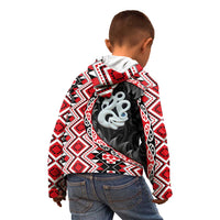 Red Taniko Motif Aotearoa Manaia and Silver Fern Kid Hoodie