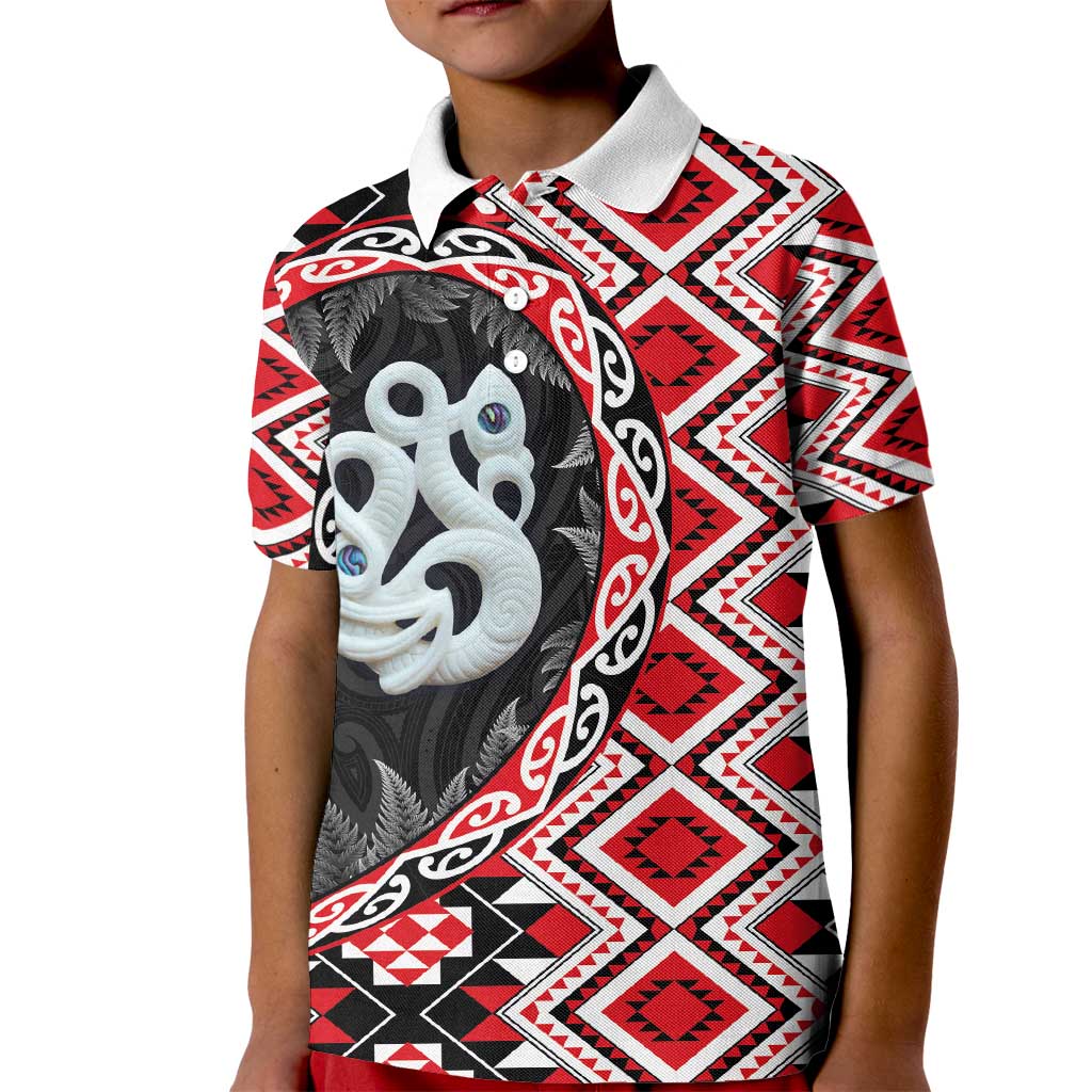 Red Taniko Motif Aotearoa Manaia and Silver Fern Kid Polo Shirt