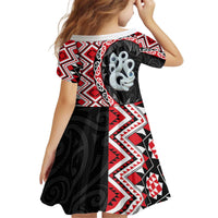 Red Taniko Motif Aotearoa Manaia and Silver Fern Kid Short Sleeve Dress